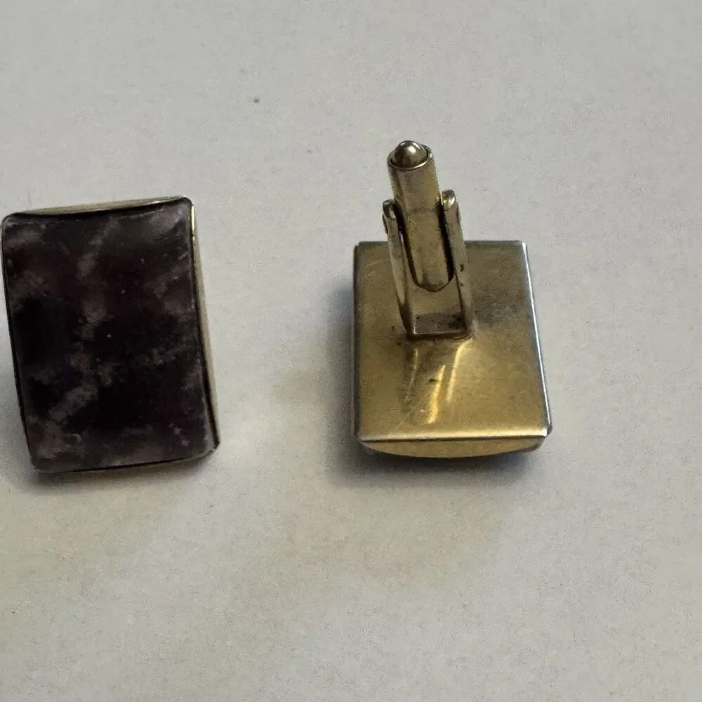 Vintage Purple Stone Rectangle Cufflinks Silver Tone 1 Inch